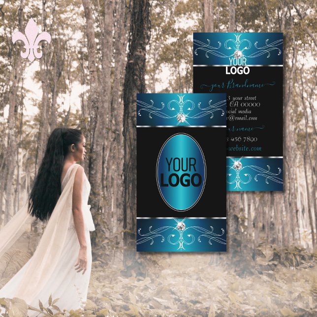 Luxury Black Teal Blue Ornate Ornaments med Logoty Visitkort (Skapare uppladdad)