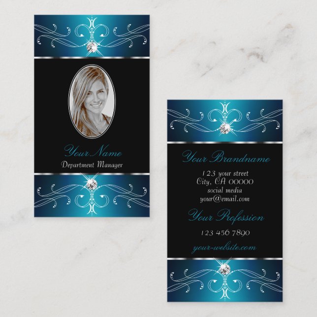 Luxury Black Teal Blue Ornate Ornaments med Photo Visitkort (Fram/baksida)