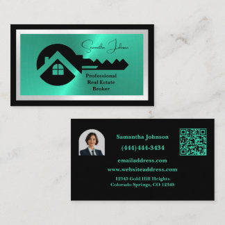 Luxury Black & Turquoise QR Code Photo Real Estate Visitkort