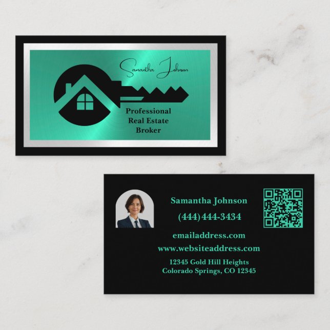 Luxury Black & Turquoise QR Code Photo Real Estate Visitkort (Fram/baksida)