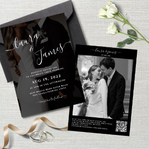 Luxury Black & White Photo QR Code Classy Bröllop Inbjudningar