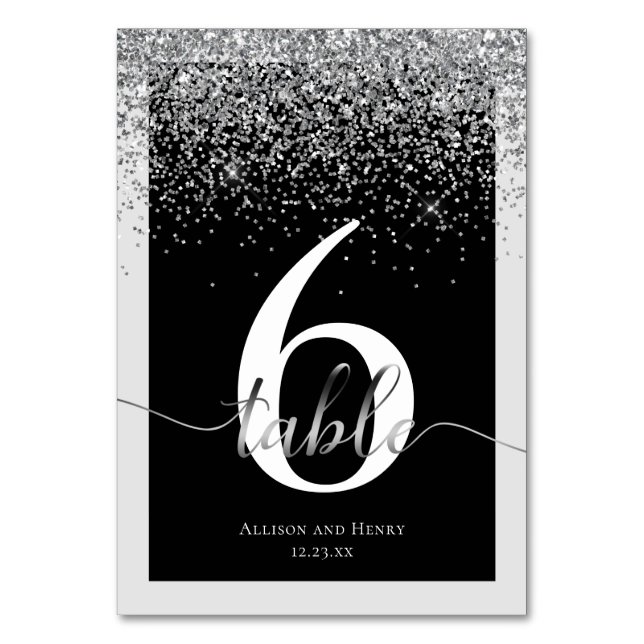 Luxury Black White Typography Glitter Bröllop Bordsnummer (Framsidan)