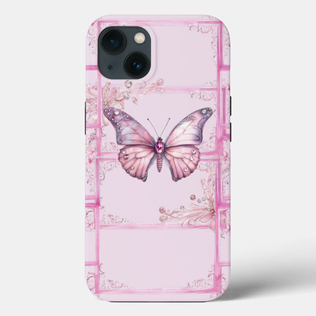 Luxury Blommigt Rosa Butterfly iPhone 13 Fodral (Baksida)