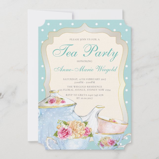 Luxury Blommigt Tea Party Polka punkt Inbjudningar (Framsida)