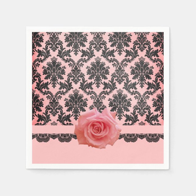 Luxury Bloom Ro Rosa Damask Napkins Pappersservett (Framsidan)