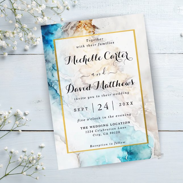 Luxury Blue And Gold Marble Wedding Invitation Inbjudningar (Skapare uppladdad)