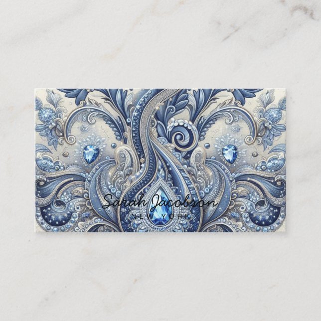 Luxury Blue and White Paisley Diamond Visitkort (Framsida)