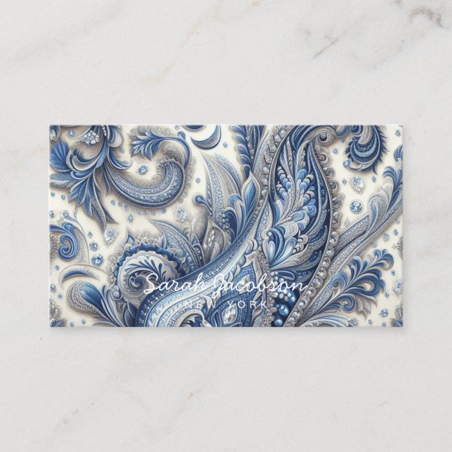 Luxury Blue and White Paisley Visitkort (Framsida)