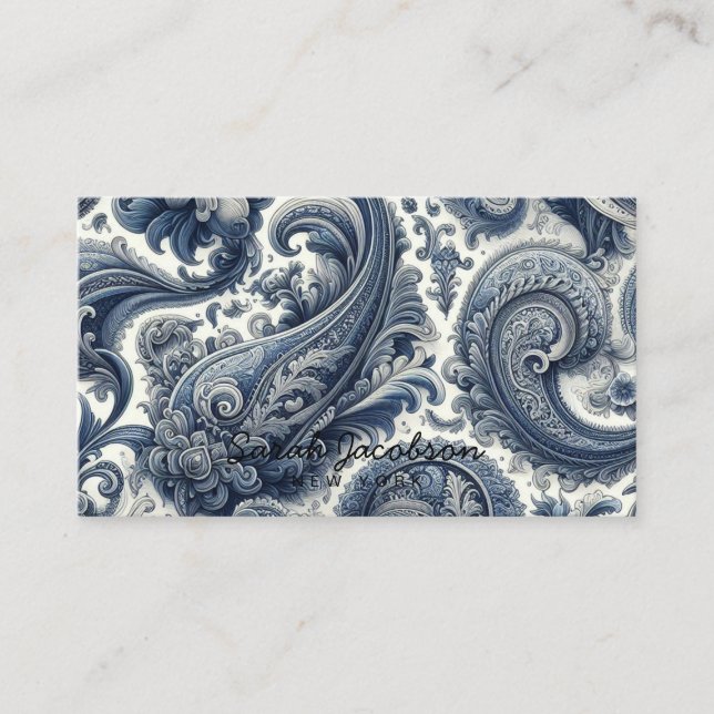Luxury Blue and White Paisley Visitkort (Framsida)