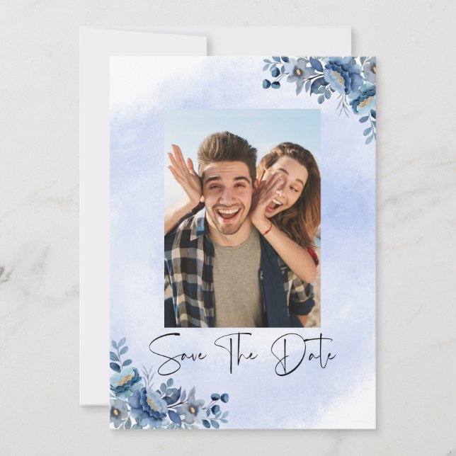 Luxury Blue Blommigt Bröllop spara datum Inbjudningar (Framsida)