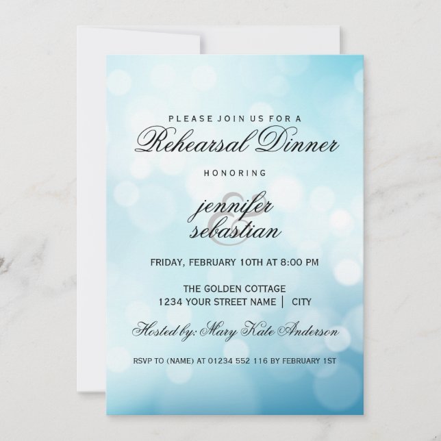 Luxury Blue Bokeh Light Chic Rehearsal Dinner Inbjudningar (Framsida)