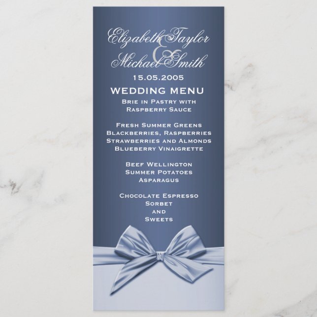 Luxury Blue Elegant Ribbon Bröllop Menu Meny (Framsida)