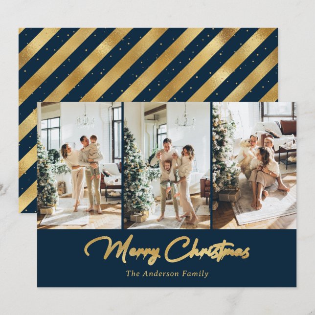 Luxury Blue Gold Foil Photo God jul Julkort (Fram/baksida)