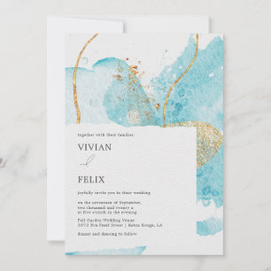 Luxury Blue & Golden Watercolor Abstrakt Bröllop Inbjudningar