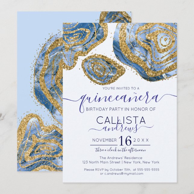 Luxury Blue Guld Marble Agate Glitter Quinceañera Inbjudningar (Fram/baksida)