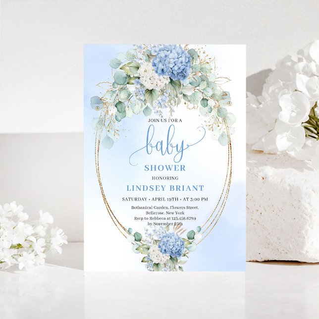 Luxury Blue Hydrangea Baby Shower Gold Invitation Inbjudningar (Luxury Blue Hydrangea Baby Shower Gold Invitation)