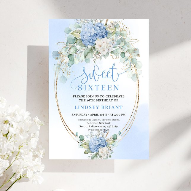 Luxury Blue Hydrangeas Sweet Sixteen Party Invite Inbjudningar (Luxury Blue Hydrangeas Sweet Sixteen Party Invite)