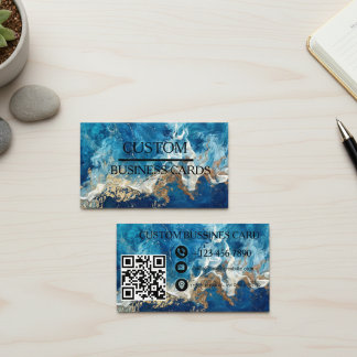 "Luxury Blue Marble QR Business Card – Gold Vein Visitkort