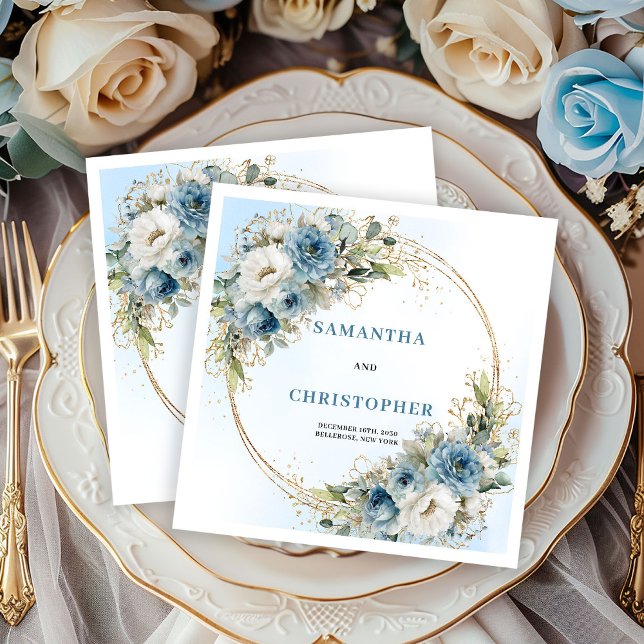 Luxury Blue Roses Gold Frame Wedding Napkins Pappersservett (Luxury Blue Roses Gold Frame Wedding Napkins)