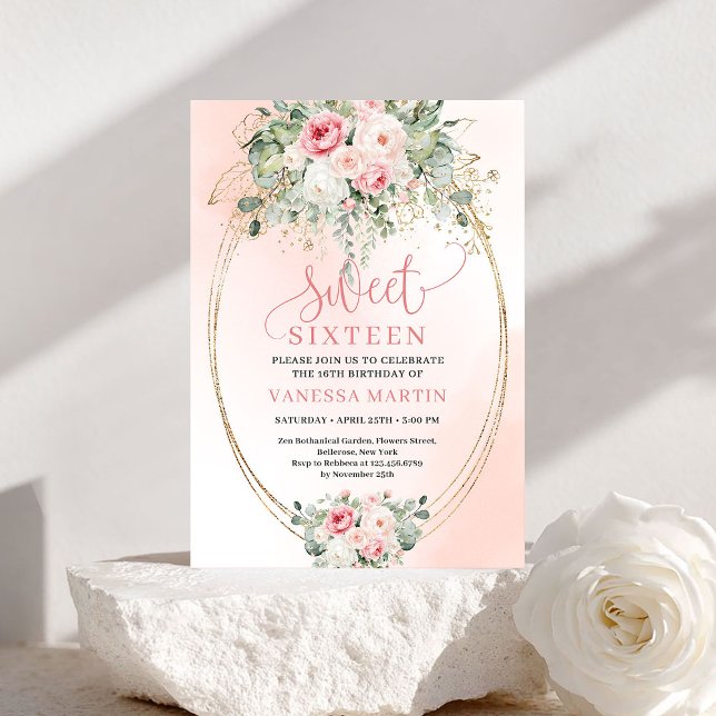 Luxury Blush Floral Gold Sweet 16 Birthday Invite Inbjudningar (Luxury Blush Floral Gold Sweet 16 Birthday Invite)