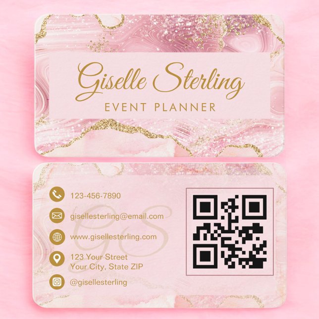 Luxury Blush Pink Gold Event Planner QR Code Visitkort (Skapare uppladdad)