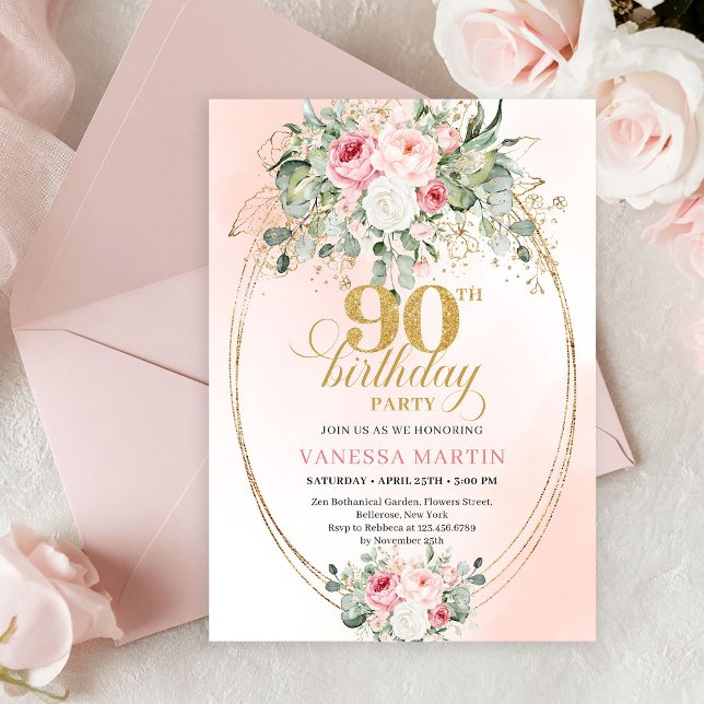 Luxury Blush Rose Gold Boho 90th Birthday Invite Inbjudningar (Delicate Blush Floral Greenery Elegant 90th Birthday Invite)