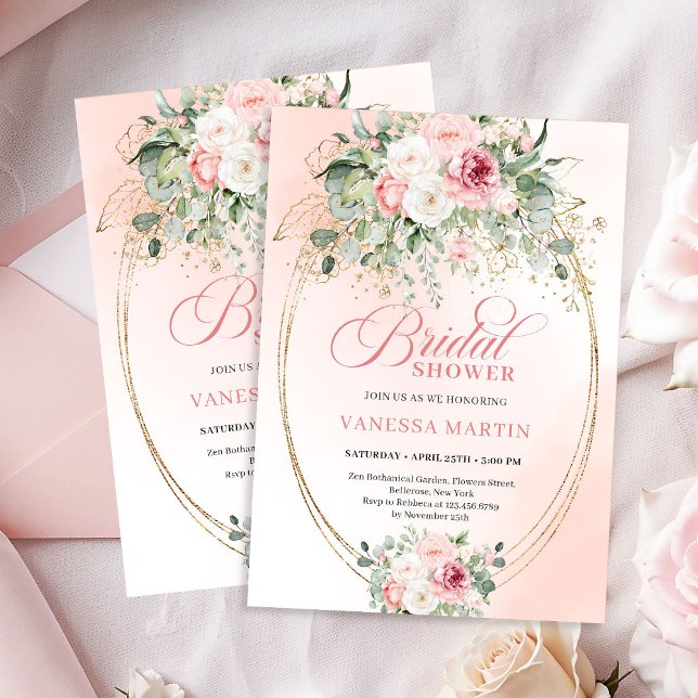 Luxury Blush Roses Bridal Shower Gold Invitation Inbjudningar (Luxury Blush Roses Bridal Shower Gold Invitation)