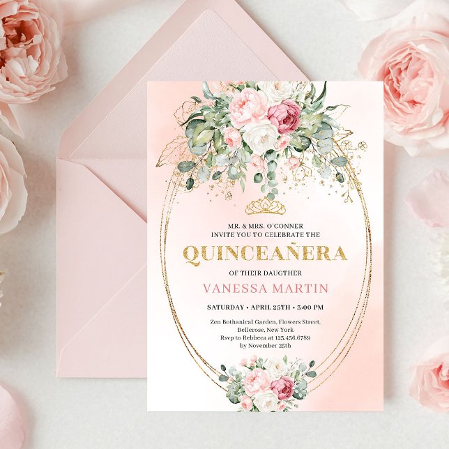 Luxury Blush Roses Greenery Gold Quinceañera Invit Inbjudningar (Luxury Blush Roses Greenery Gold Quinceañera Invite)