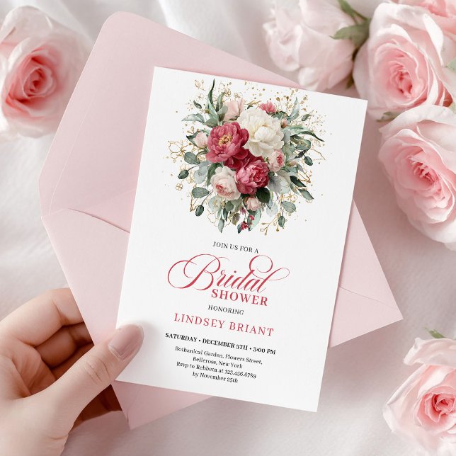 Luxury Bohemian Crimson Red White Gold Bridal Show Inbjudningar (Luxury Bohemian Crimson Red White Gold Bridal Shower)