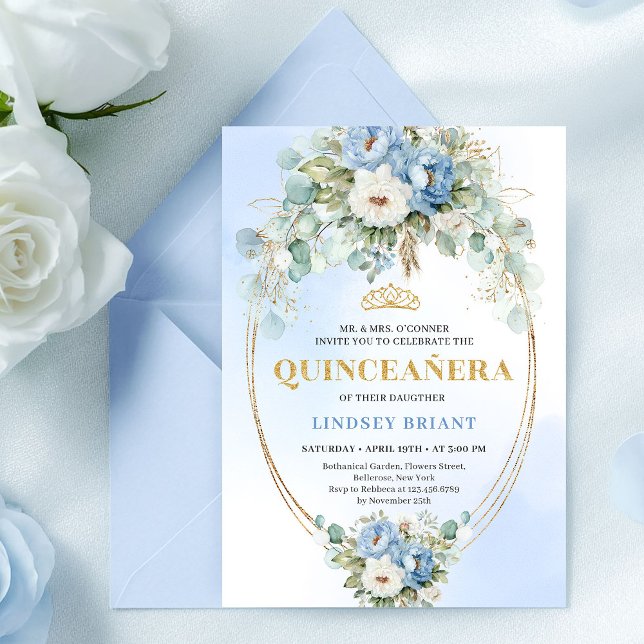 Luxury Boho Blue Floral Quinceañera 15th Birthday Inbjudningar (Luxury Blue Floral Quinceañera 15th Birthday Invitation)
