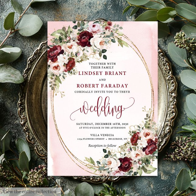Luxury Boho Burgundy Blush Gold Floral Invitation Inbjudningar (Luxury Boho Burgundy Blush Gold Floral Invitation)