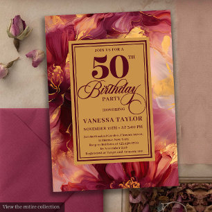 Luxury Boho Burgundy Guld Flowers 50:e födelsedage Inbjudningar