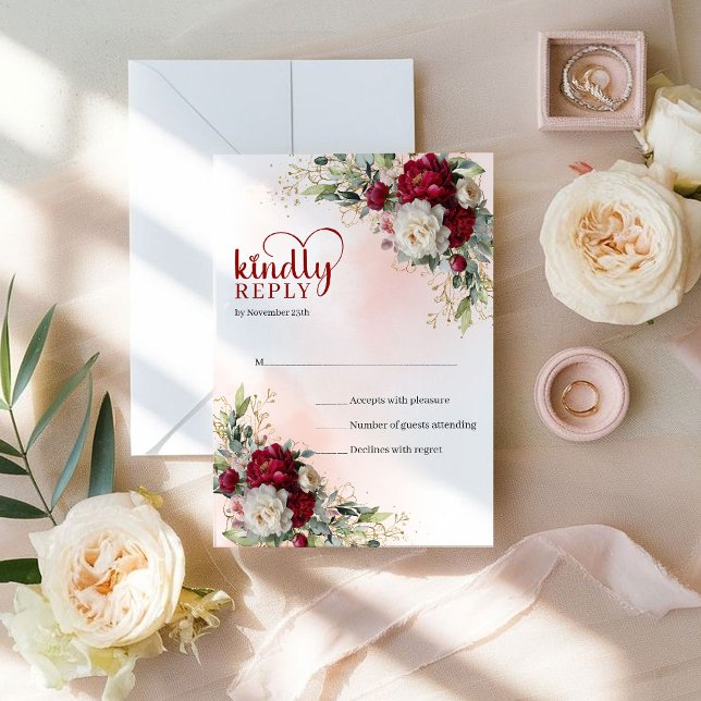 Luxury Boho Deep Red Gold Floral Wedding RSVP OSA Kort (Luxury Boho Deep Red Gold Floral Wedding RSVP)