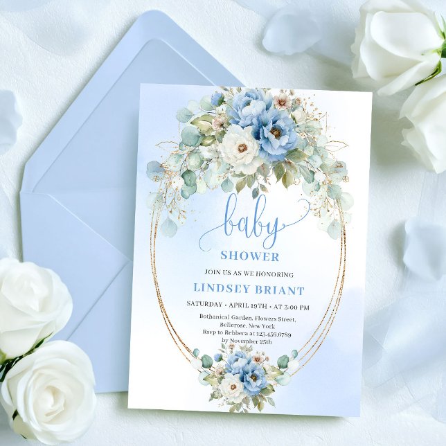 Luxury Boho Dusty Blue Greenery Gold Baby Shower Inbjudningar (Luxury Boho Dusty Blue Greenery Gold Baby Shower)