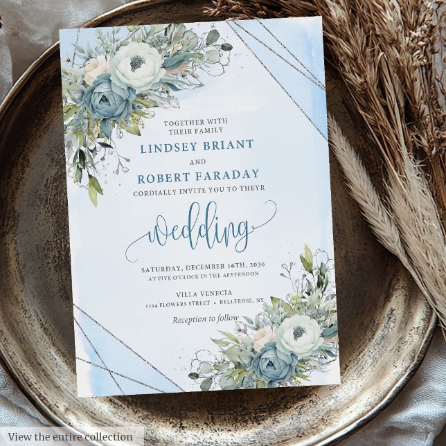 Luxury Boho Dusty Blue Silver Peonies Bröllop Inbjudningar (Luxury Boho Dusty Blue Silver Peonies Wedding Invitation)