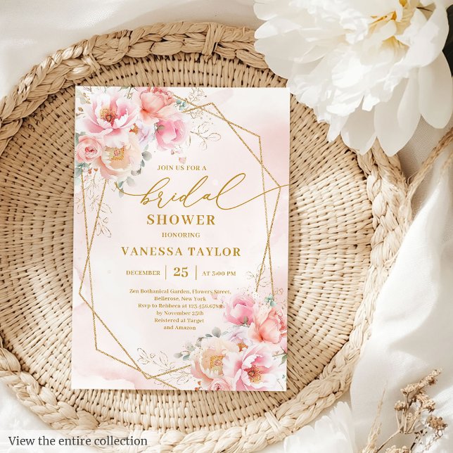 Luxury Boho  Guld Blommigt Möhippa Inbjudan (Luxury Boho Blush Gold Floral Bridal Shower Invitation)