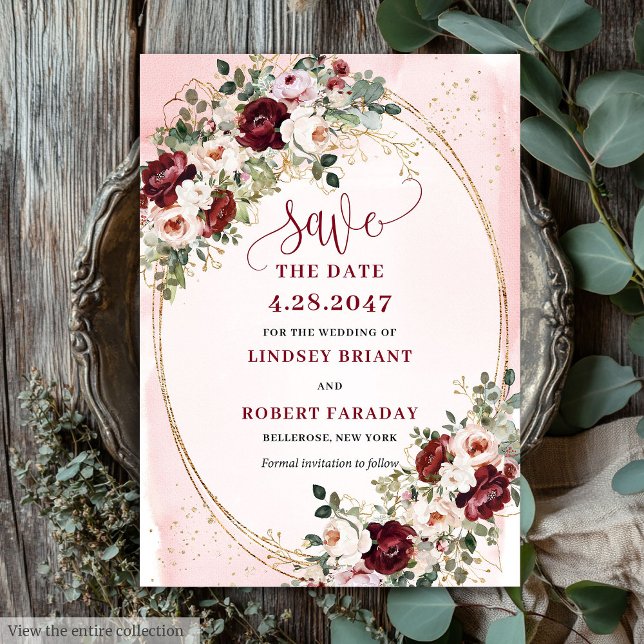 Luxury Boho Maroon Blush Gold Roses Save Date Inbjudningar (Luxury Boho Maroon Blush Gold Roses Save Date)