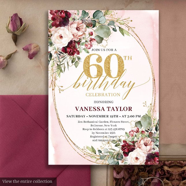 Luxury Boho Maroon Gold Floral 60th Birthday Card Inbjudningar (Luxury Boho Maroon Gold Floral 60th Birthday)