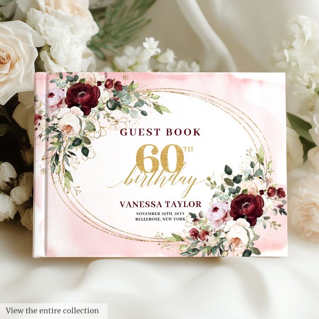 Luxury Boho Marsala Gold Floral 60th Birthday Gästböcker (Luxury Boho Marsala Gold Floral 60th Birthday)