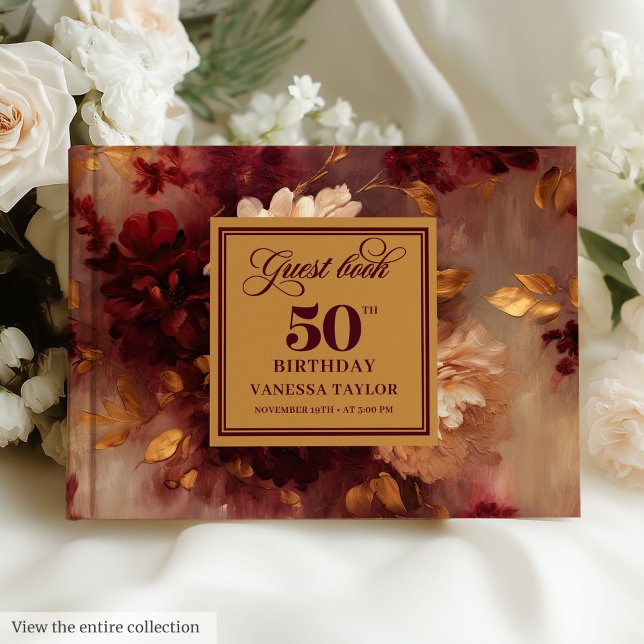 Luxury Boho Marsala  Guld-Blommigten 50 födelsedag Gästböcker (Luxury Boho Marsala Blush Gold Floral 50 Birthday Guest Book)