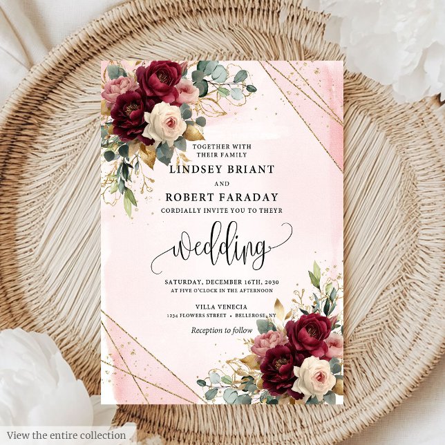 Luxury Boho Mörk Red White Guld Ro Bröllop Inbjudningar (Luxury Boho Dark Red White Gold Roses Wedding Invitation)