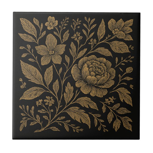 Luxury Botanir Guld på Black Ceramic Tile Kakelplatta (Framsidan)