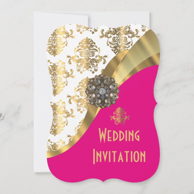Luxury bright rosa och guld Damask bröllop Inbjudningar (Baksida)
