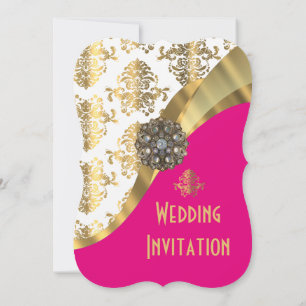 Luxury bright rosa och guld Damask bröllop Inbjudningar