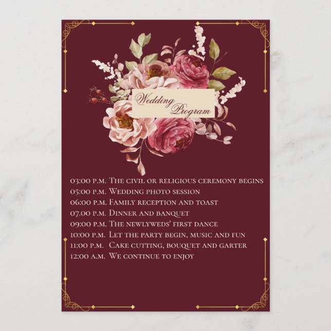 Luxury Burgundy and Gold Floral Wedding Program (Framsida)