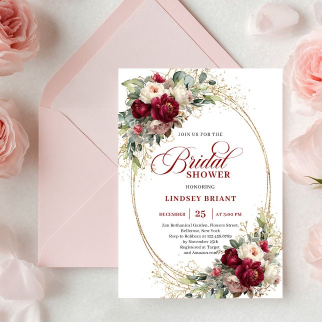 Luxury Burgundy and White Floral Bridal Shower  Inbjudningar (Luxury Burgundy and White Floral Bridal Shower Invite)
