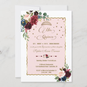 Luxury Burgundy Blommigt Guld Mis Quince Quinceañe Inbjudningar