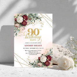 Luxury Burgundy Boho Floral Greenery 90th Birthday Inbjudningar