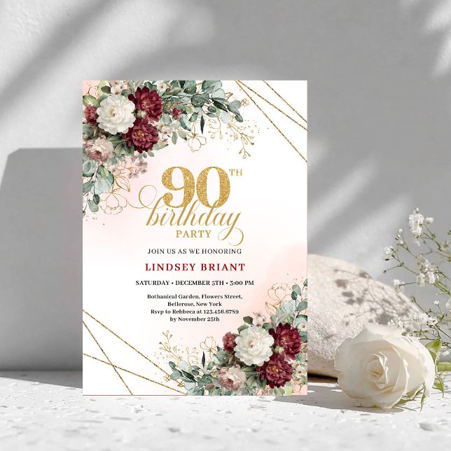 Luxury Burgundy Boho Floral Greenery 90th Birthday Inbjudningar (Luxury Burgundy Floral Greenery 90th Birthday Invite)