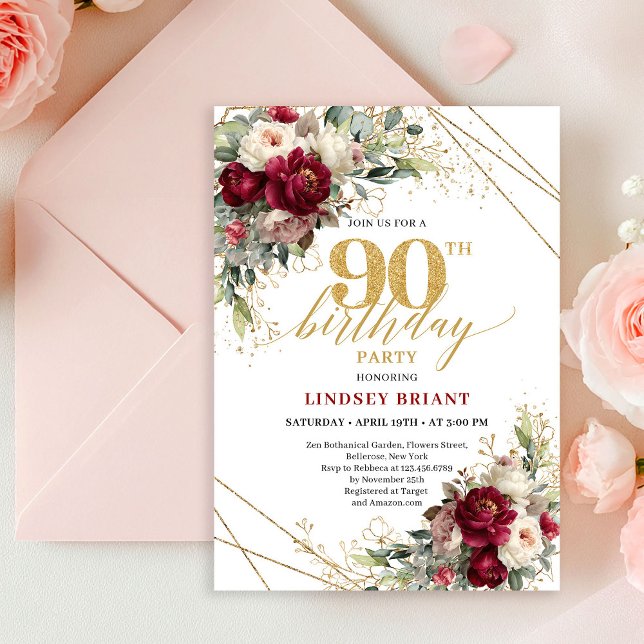 Luxury Burgundy Floral Gold 90th Birthday Invite Inbjudningar (Luxury Burgundy Floral Gold 90th Birthday Invitation)
